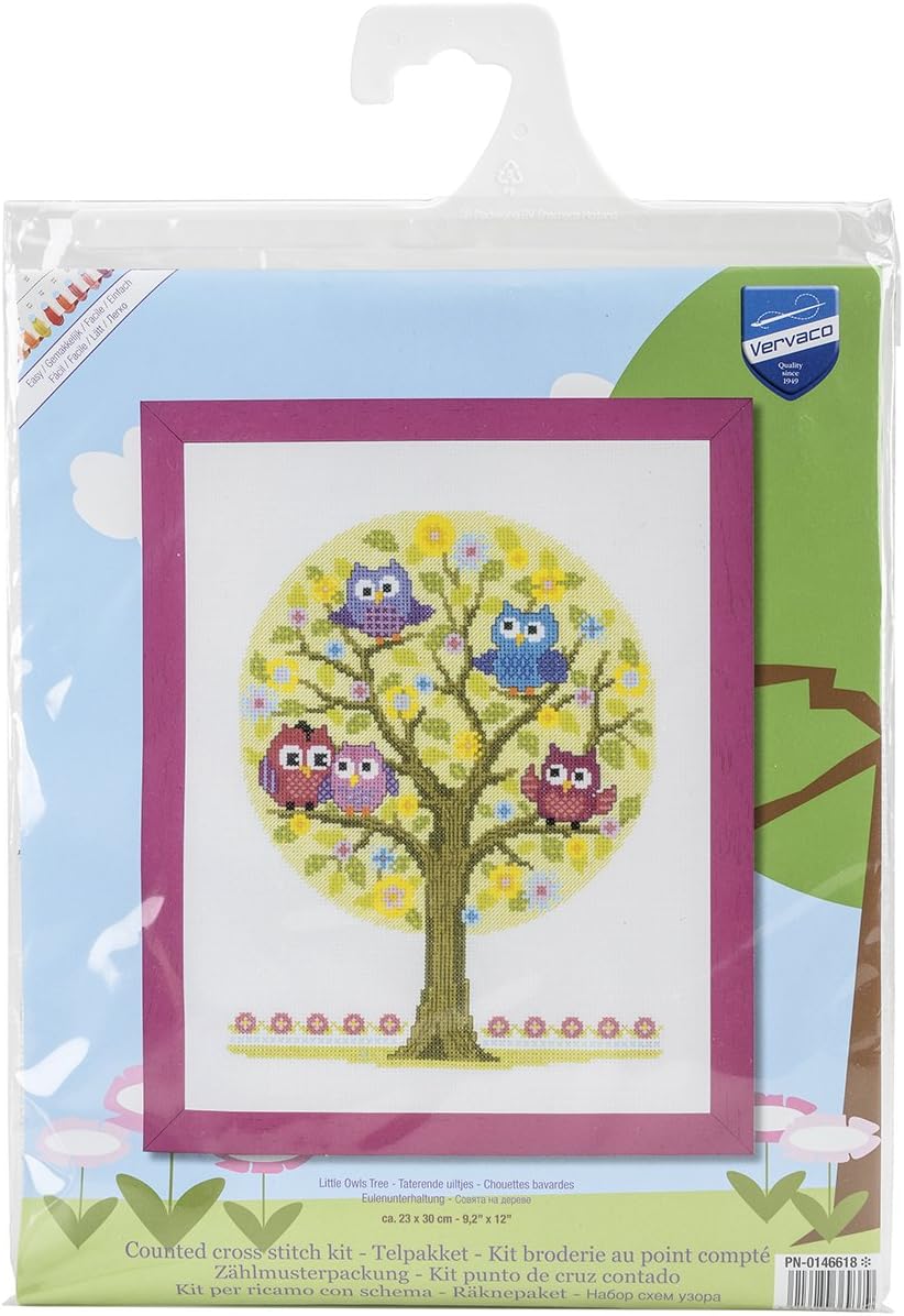 Vervaco Little Owls Tree on Aida Counted Cross Stitch Kit, 9" by 11.75"