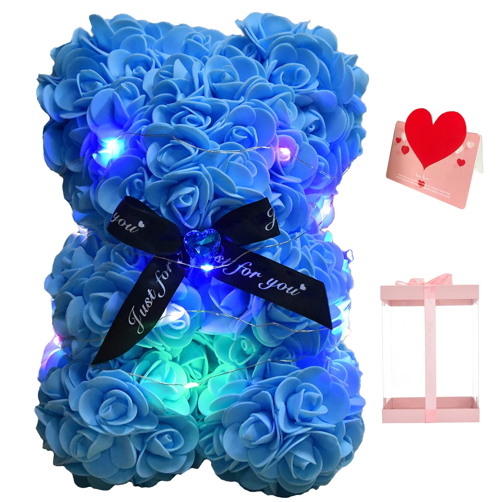 Lgv Flower Rose Bear,Romantic Gift for Valentine's Mother's Day, Christmas, Birthday,Girl Friend Her Mom Female Wife with Artificial Heart-Shaped Diamonds, Light Blue