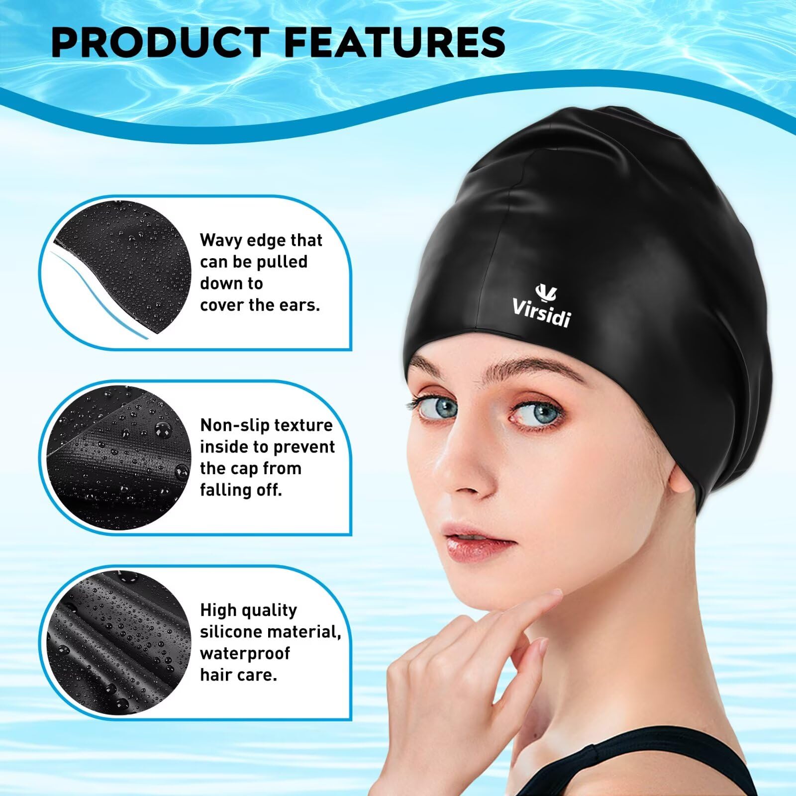 Paquete de 2 gorros de natación grandes para cabello largo, gorro de natación de silicona para adultos, mujeres y hombres, gorros de natación impermeables para mantener el cabello seco con clip de