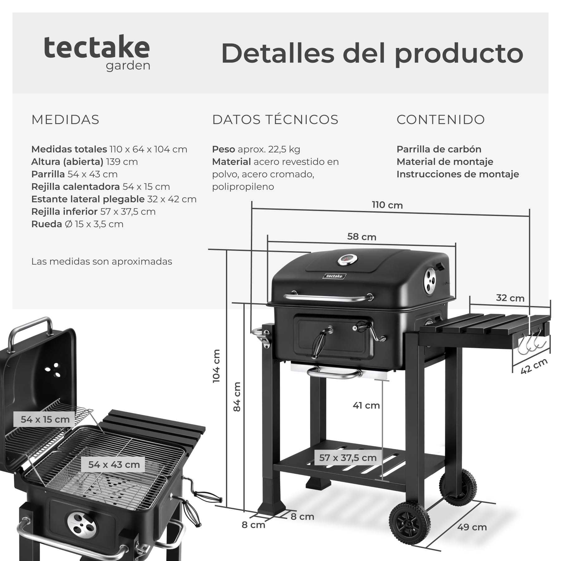 tectake® Barbacoa de Carbon con Tapa, Parrilla Barbacoa Carbon, BBQ Grill, Bandeja Regulable, Termómetro y Ruedas, con Ahumador de Alimentos, Asador de Carne - 64 x 110 x 104 cm