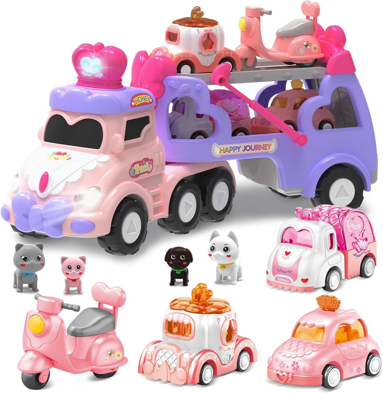 Car Toys for 2 3 4 5 6 7 Year Toddler Girl,Princess Carrier Truck with Sound & Lights,Christmas Birthday Gifts for Kids Girls Age 3-12