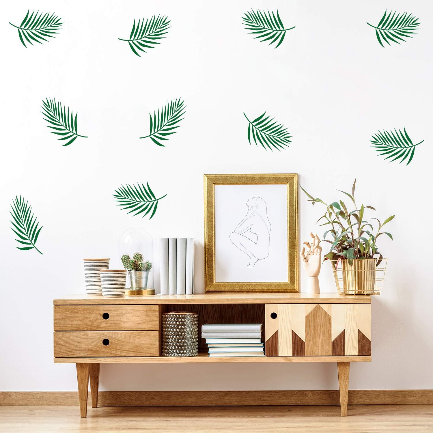 Set of 12 Vinyl Wall Art Decal - Palm Leaves - 6.5 x 11 Each - Minimal Adhesive Sticker Nature Green Design for Home Office Bedroom Living Room Store Decor (Green)