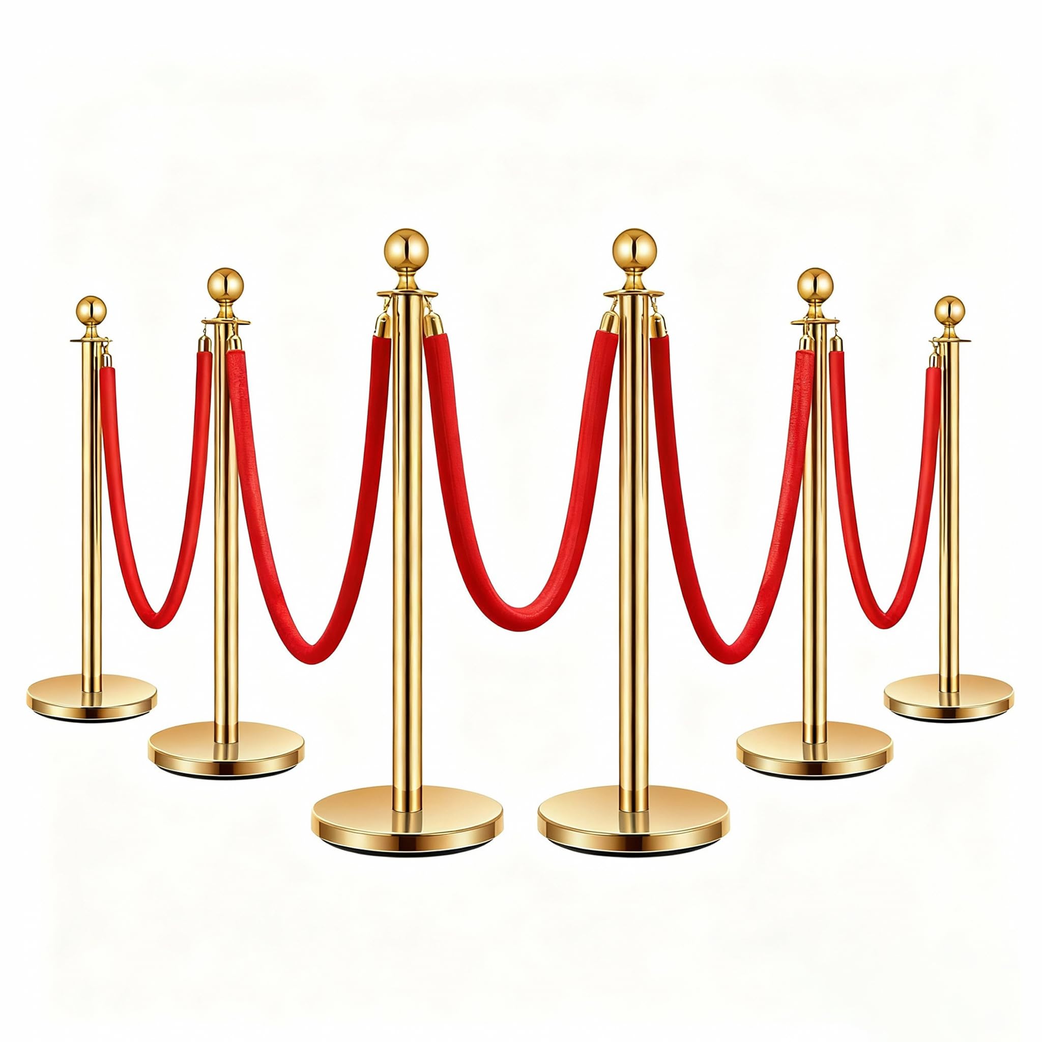 Modulare Barriere Premium Absperrstab mit Seil - Gold Robuster Crowd Control Bandstab für Warteschlangen, Events & Ladenmanagement, Set mit 5 ft/1.5 m rotem Samt Seil (6)
