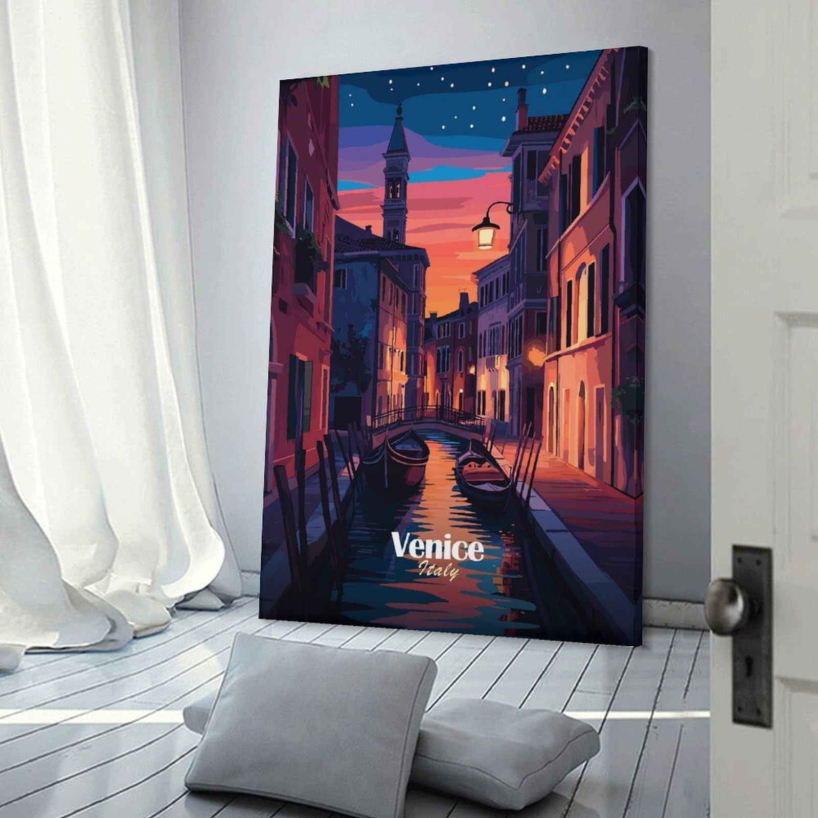 Junmoney Venice Canal Night Canvas Art Print, 24x36inch(60x90cm), for Restful Interiors, Bedrooms Or Small Rooms, A Warm Accent for Relaxed Interiors