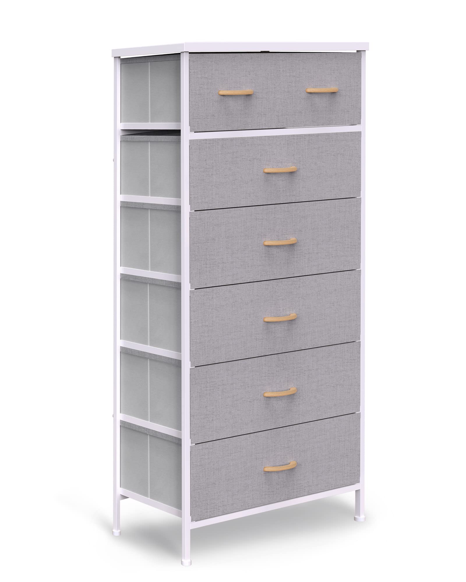 Tall Dresser for Bedroom, Vertical Storage Organizer Tower with 7 Drawers, Chest of Drawers with Fabric Bins, Steel Frame, Wood Top for Bedroom, Closet, Entryway- Light Grey