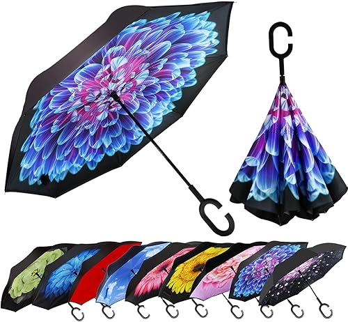 Miniatura 8 de MRTLLOA - Paraguas invertido resistente al viento protección UV y mango en forma de C para hombres y mujeres regalo de día de las madres Pavo real