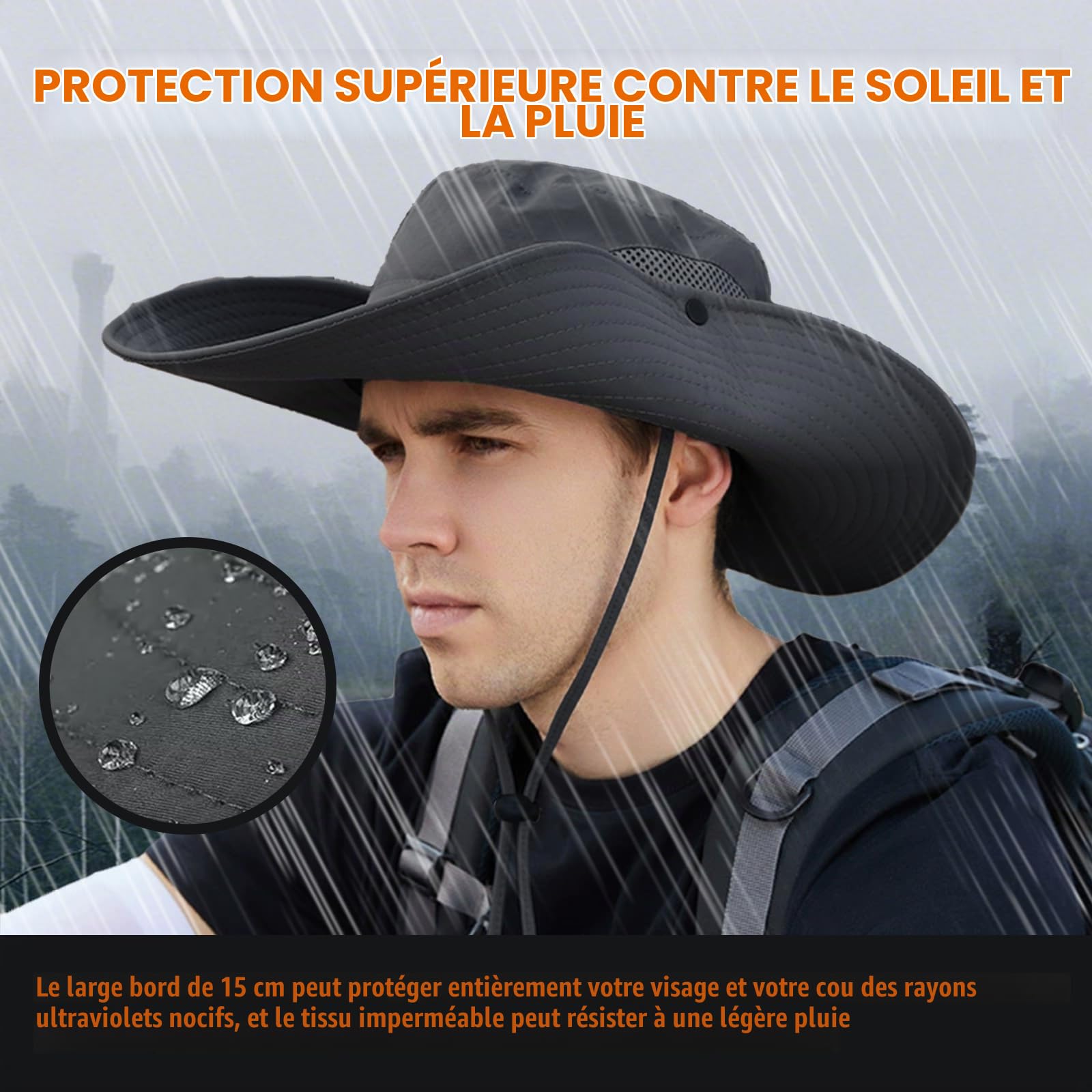 Chapeau de Soleil à Large Bord Extérieur pour Homme Femme, Respirant Protection Chapeau pour Pêche, Chasse, Camping, Le Safari et la Brouss(Gris foncé)