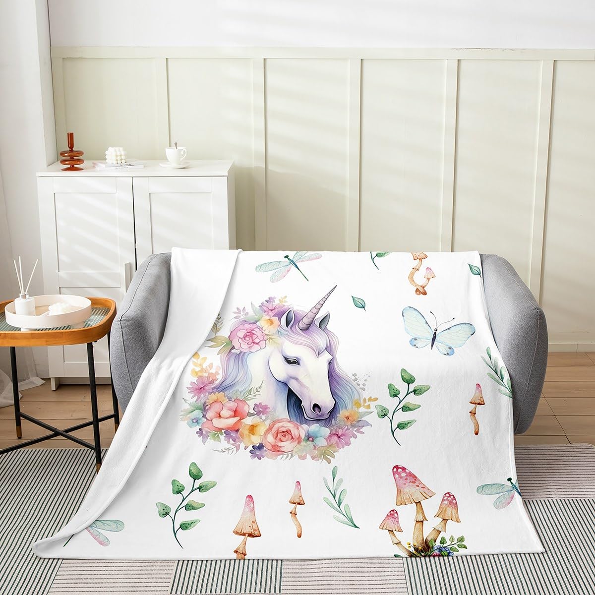 Castle Fairy Kids Unicorn Pillow Cover 24X24 Set of 2 Pink Flowers Mushroom Pillow Cover for Bedroom Living Room Decor Watercolor Plant Rustic Style Decorative Pillow Cover