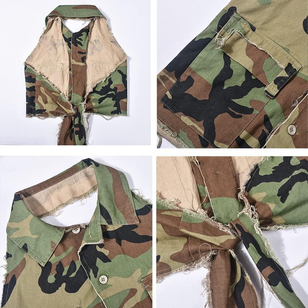 LETSVDO Women's Sexy Camo Halter Vest Backless Sleeveless Lapel V Neck Button Down Jean Crop Tank Top - Image 7