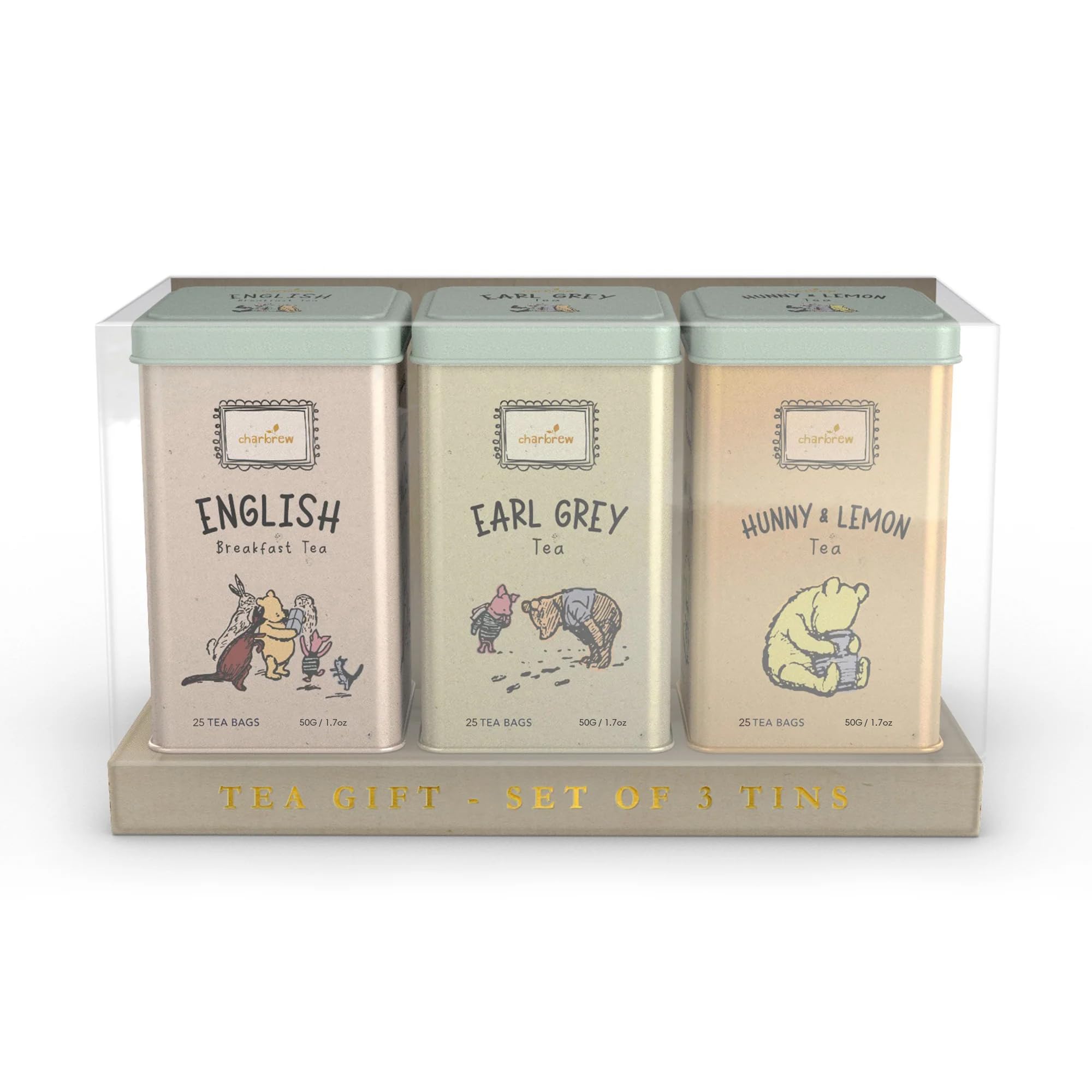 Charbrew Set of 3 Winnie Tea Tins – 75 Teabags (25 Hunny & Lemon, 25 Earl Grey, 25 English Breakfast) – Reusable Metal Caddy Tea Gift