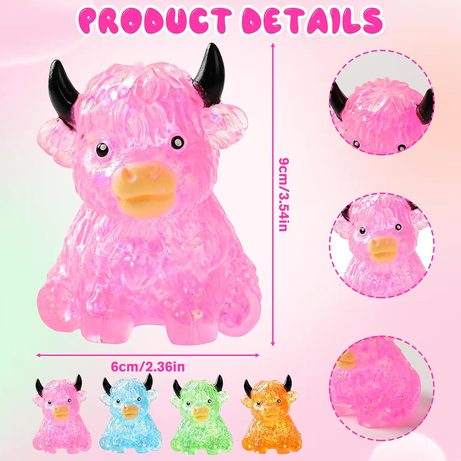 Glitter Highland Cow Squishies Fidget Toy,Highland Cow Squishy,Cute Sensory Squeeze Toy for Adults,Soft Slow Rising Stress Relief Ball, Cute Sensory Squeeze Toy for Adults (Blue)