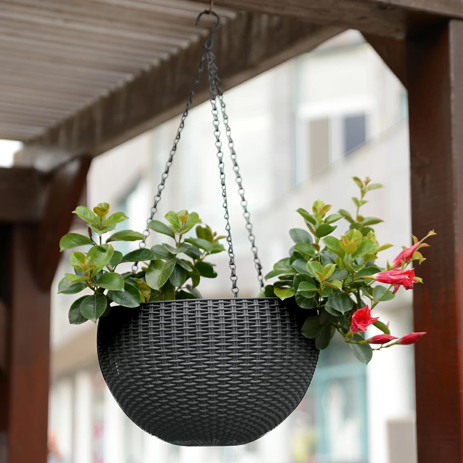 CPROSP 2pcs 28cm Vasi da Fiori Autoinnaffianti, Vasi da Fiori Sospesi | Fioriera Sospesa per Esterni Auto-innaffiatura per Esterni, Soffitti, Balconi Nero Con Foro di Scarico e Catene Antiruggine
