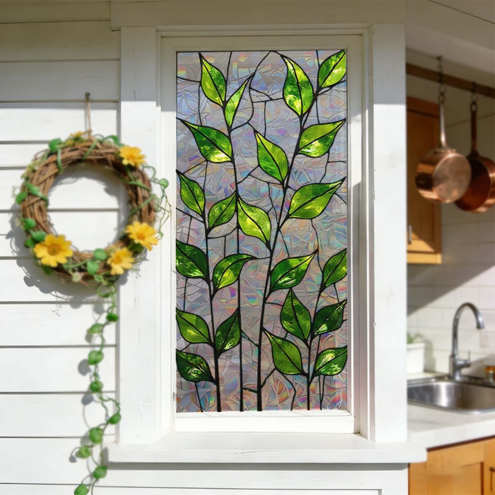 Window Film Privacy 43x100cm Metal Green Leaves Privacy Film for Glass Windows Office Kitchen Living Room Bathroom Opaque Reusable Window Stickers for Glass