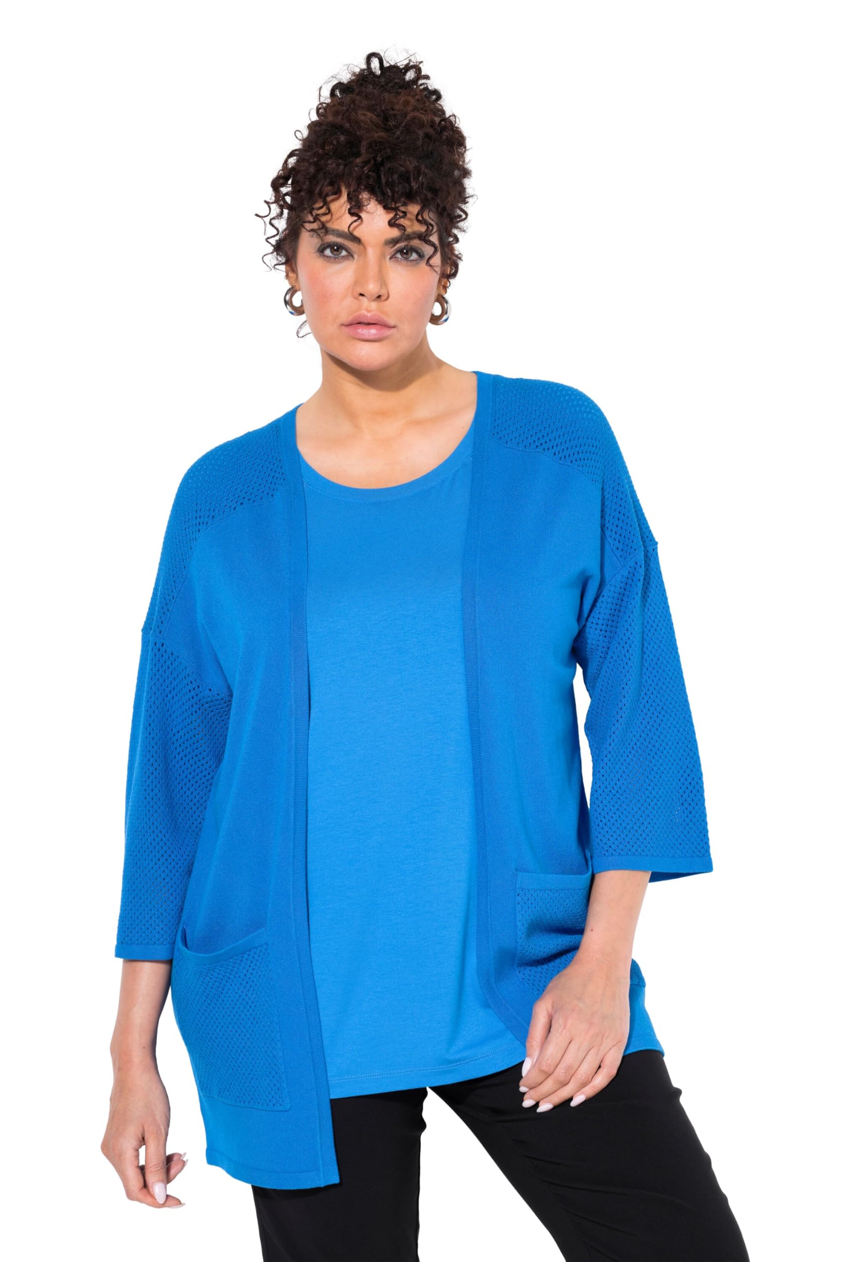 Ulla Popken Damen große Größen Übergrößen Plus Size Jersey-Jacke, Mesh, Oversized, V-Ausschnitt, 3/4-Arm 838418
