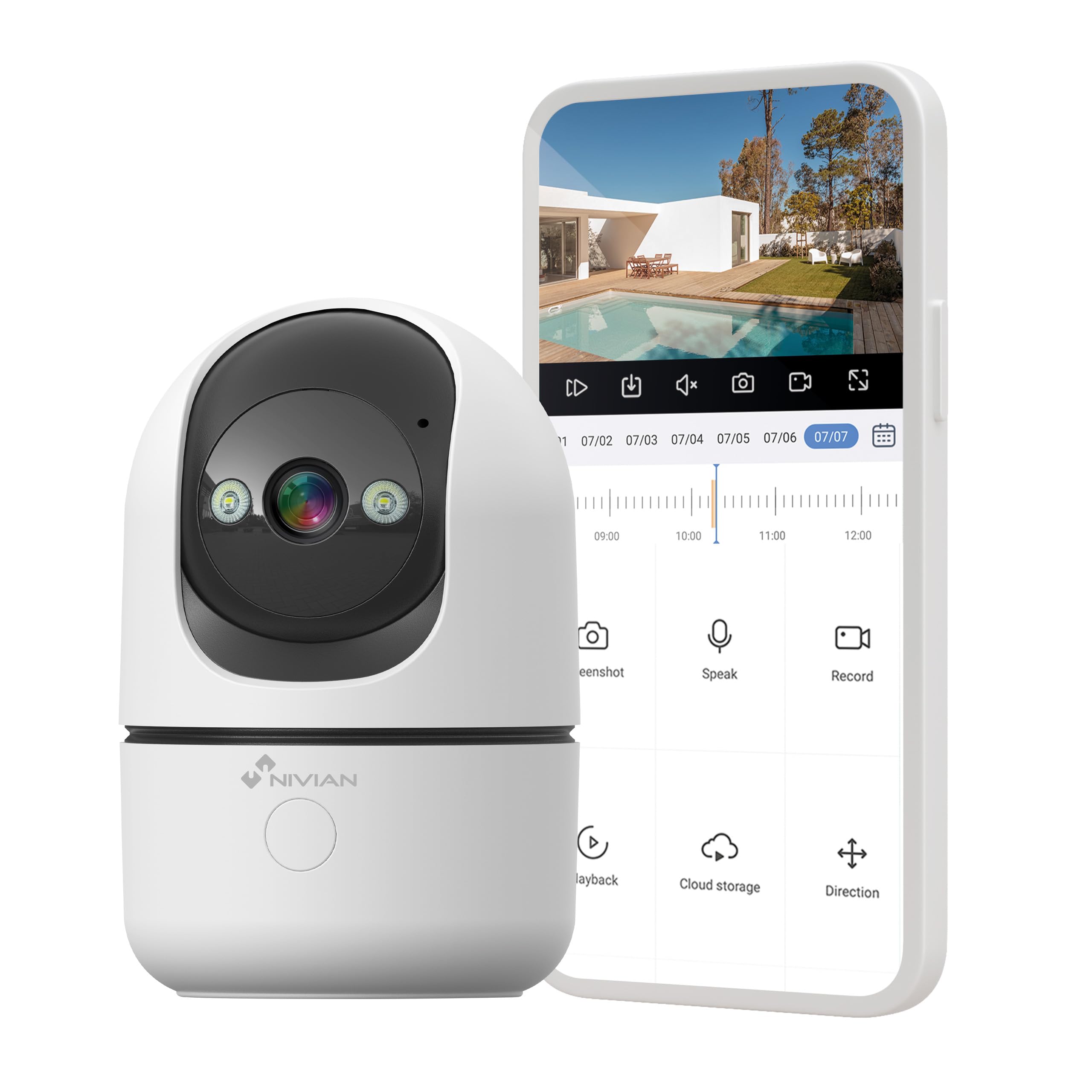 NIVIAN Cámara de Vigilancia Interior 4G Tarjeta Datos incluida 3MP SuperHD 2K – Visión Nocturna, Detección IA de Humanos, Auto-Seguimiento, Audio Bidireccional, Movimiento 350°, Control App EseeCloud