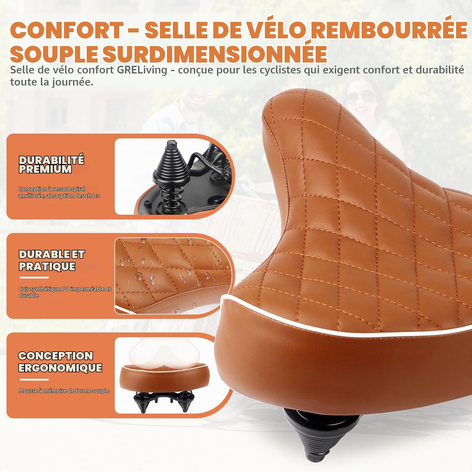 Selle de vélo unisexe confortable, selle rembourrée en mousse à mémoire de forme, siège ergonomique confortable pour vélos de ville, vélos rétro, respirant, imperméable, ajustement universel