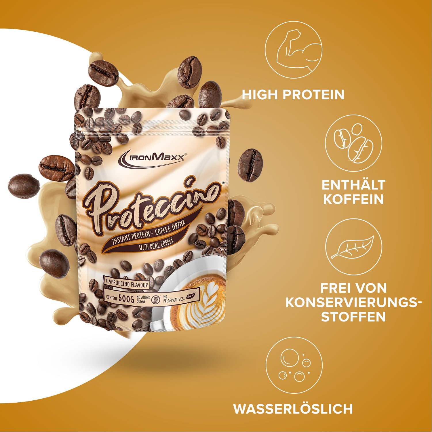 IronMaxx Proteccino - Cappuccino 500g Beutel | Protein Kaffee mit echtem Kaffee-Extrakt und Koffein | Ohne Zuckerzusatz und Konservierungsstoffe