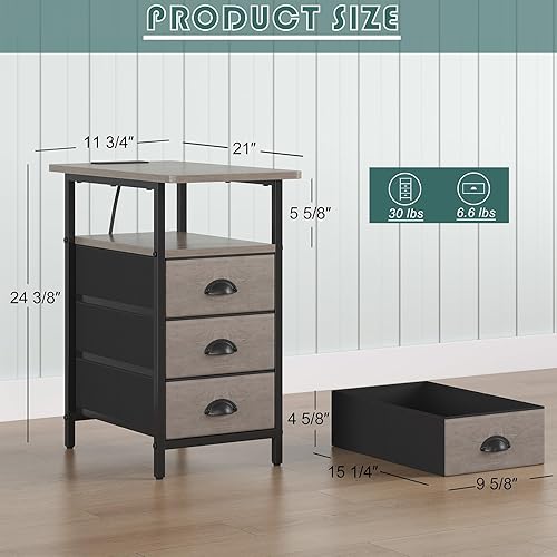 Miniatura 3 de Mesa auxiliar con estación de carga, mesas auxiliares para sala de estar con puertos USB y tomacorrientes, mesitas de noche estrechas con 3 cajones