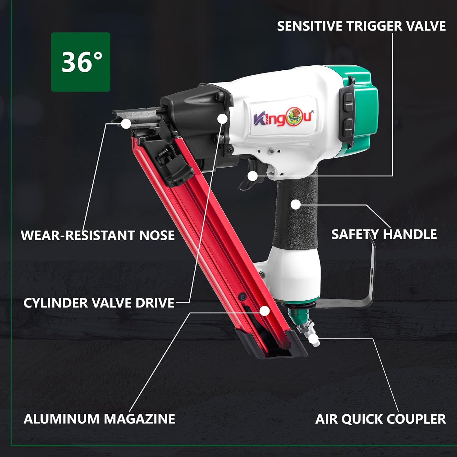 KingOu Mexico Style MCN40 Joist Hanger Nailer, 36 Degree Framing Nailer Gun for 1-1/2-inch Paper Tape Collated Metal Connector Nails with Lightweight Design-Ideal for Wood Framing, Roofing, Siding