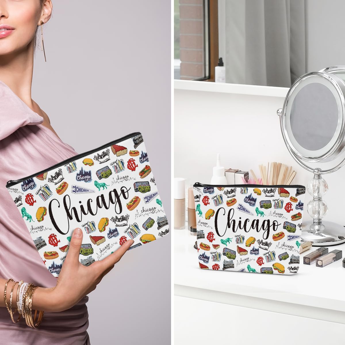 6PCS Chicago Makeup Bag Chicago Themed Girls Trip Gifts Favors Chicago Travel Gifts Chicago Lover Gifts for Women Her Chicago Cosmetic Bag for Holiday Trip Vacation - Image 5