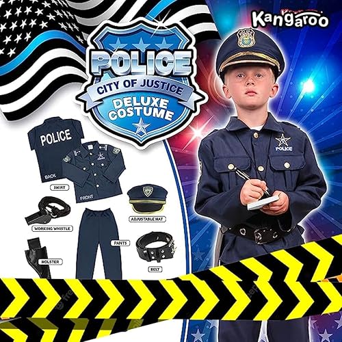 Miniatura 5 de Kangaroo Disfraz de policía para niños, sombrero de policía, camisa, pantalones, cinturón, funda y silbato, disfraz de policía para niños y niñas
