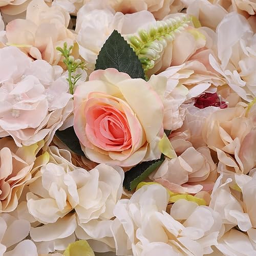 Miniatura 6 de Juego de paneles de pared de flores, 6 piezas de rosas falsas y hojas de flores de peonía, 24 x 16 pulgadas (rosa, amarillo)