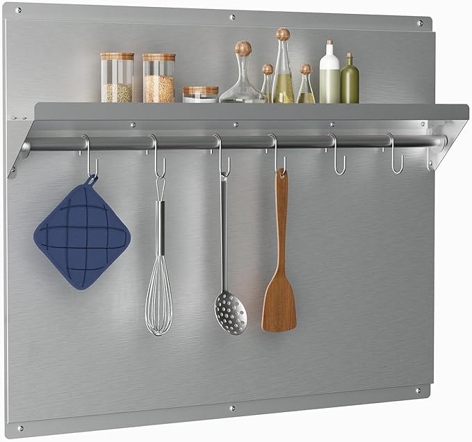 IKTCH Range Backsplash with Shelf 24 x 30 Inch Range Hood Wall Shield, Stainless Steel Backsplash Silver Splash Plate for Range Hood Stainless Backsplash with Built-in Storage Shelf and Hanging Rack