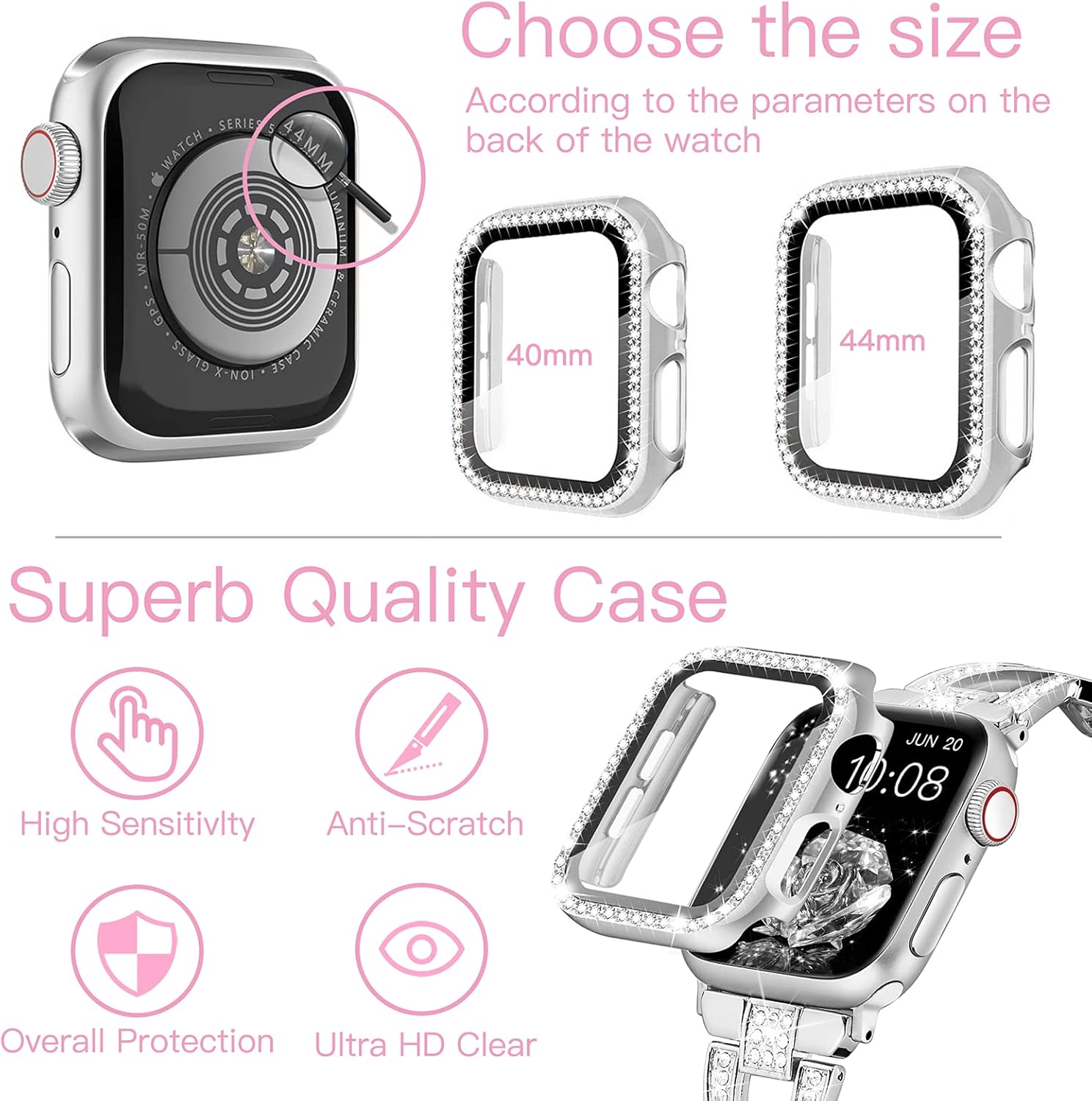 wipalor Dressy X Band for Silver Apple Watch Bands 44mm for Women with Bling Diamond Case, Metal Thin iWatch Bands for women, Designer Cute Band for Apple Watch SE Series 6 Series 5 4-Silver