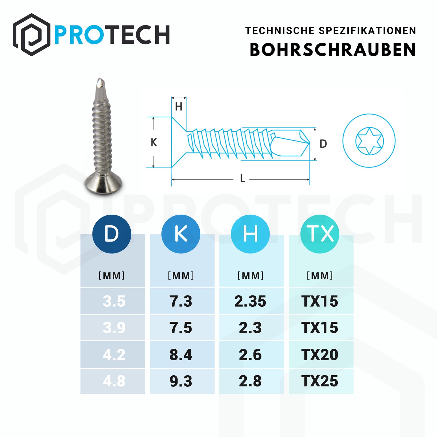 PROTECH Bohrschrauben 3,9x19mm Edelstahl A2 - 100 Stück Senkkopf