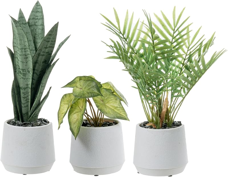 MyGift 3pc Artificial Plants in White Textured Planters, Faux Greenery | Bring easy-care greenery indoors with three faux plants in white pots, including a mini palm, arrowhead vine, and snake plant
