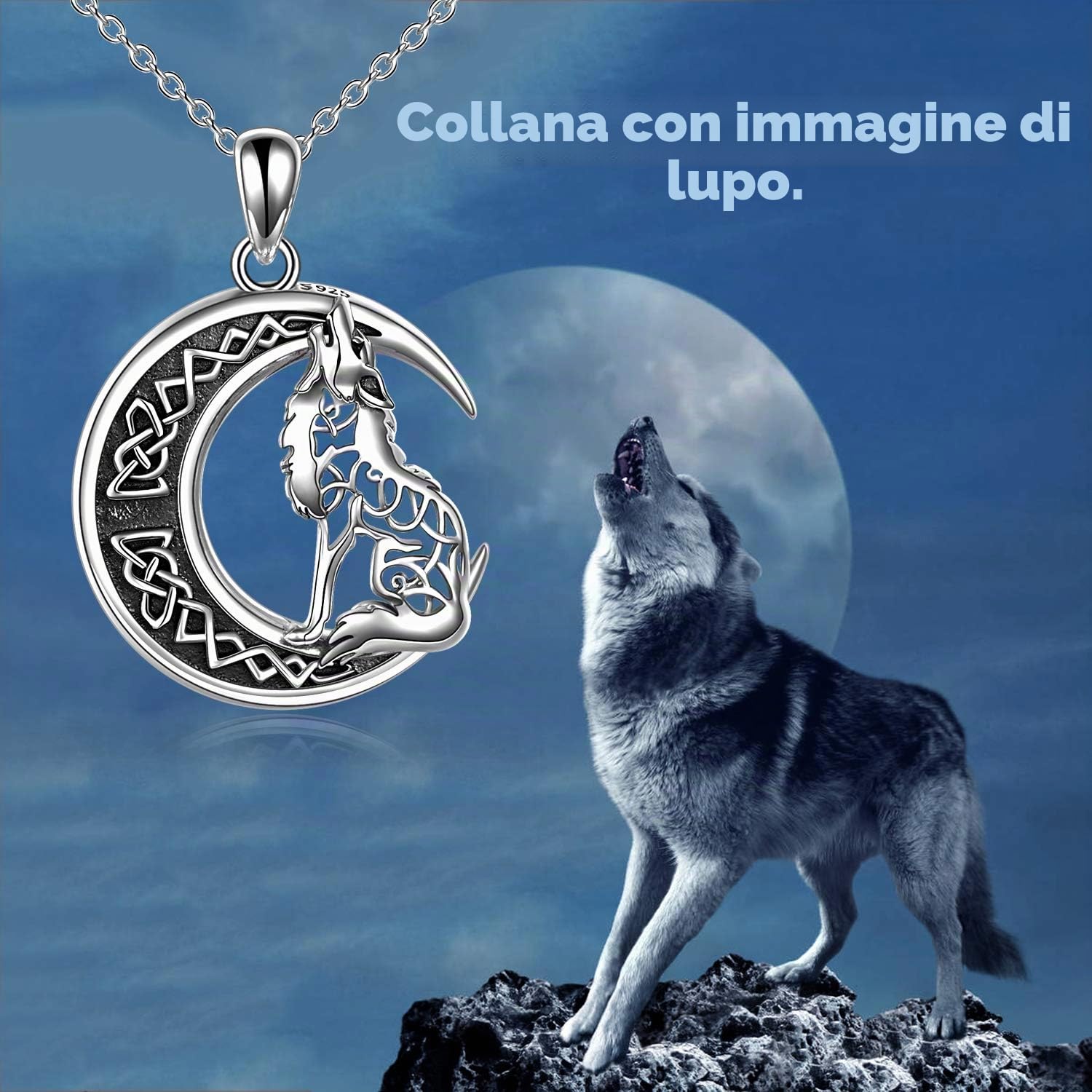 YFN Lupo Collana Argento Sterling Ciondolo Nodo Celtico Luna Lupo Gioielli Regalo per Uomini Donne Ragazze