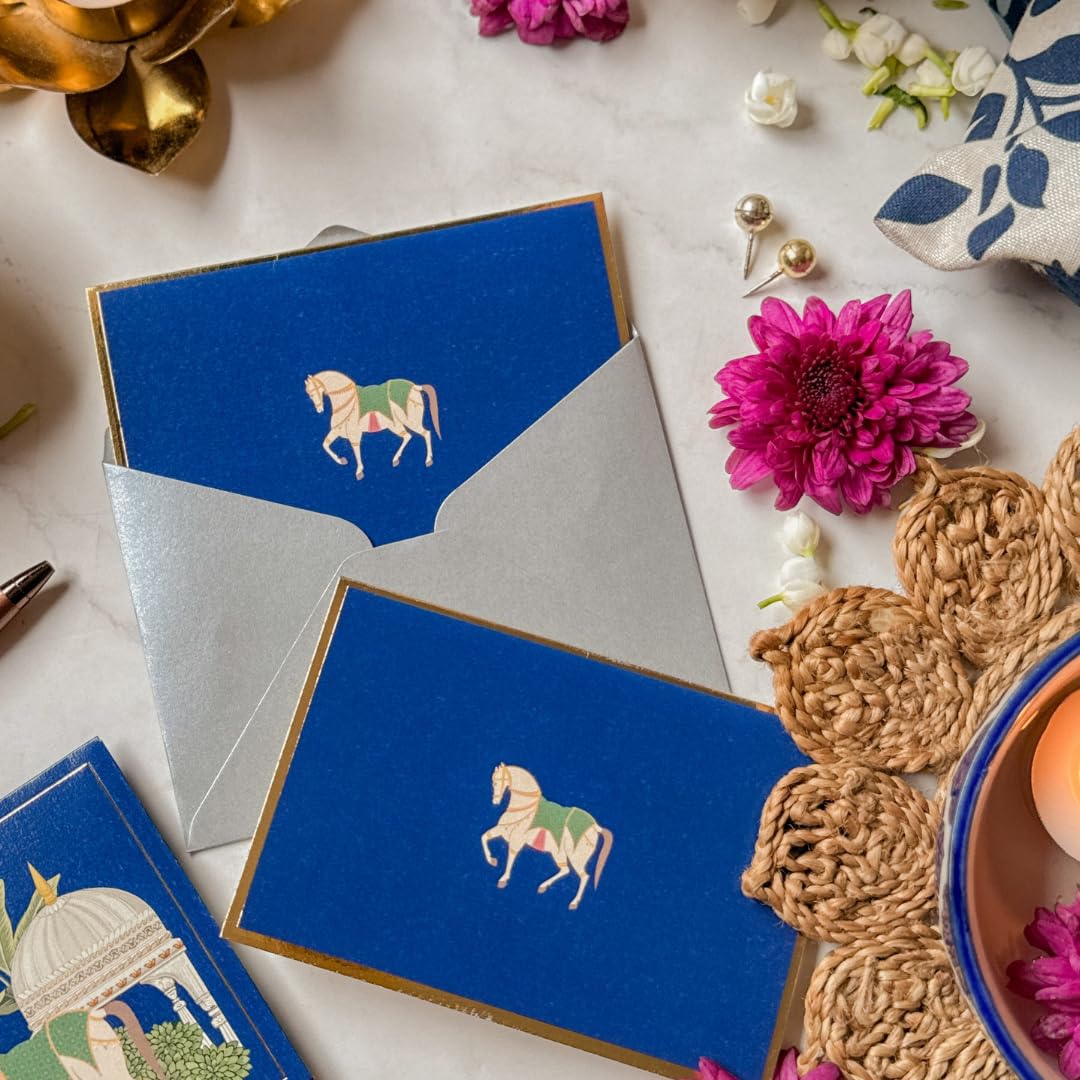 Be Stories The Indian Horse One Side Print Blank Foldable Greeting Note Cards With Envelopes 130 GSM With Gold Foil & Sticker Seals For Birthday, Diwali, Chirtsmas- 5.50 x 3.50 inches, Pack of 5