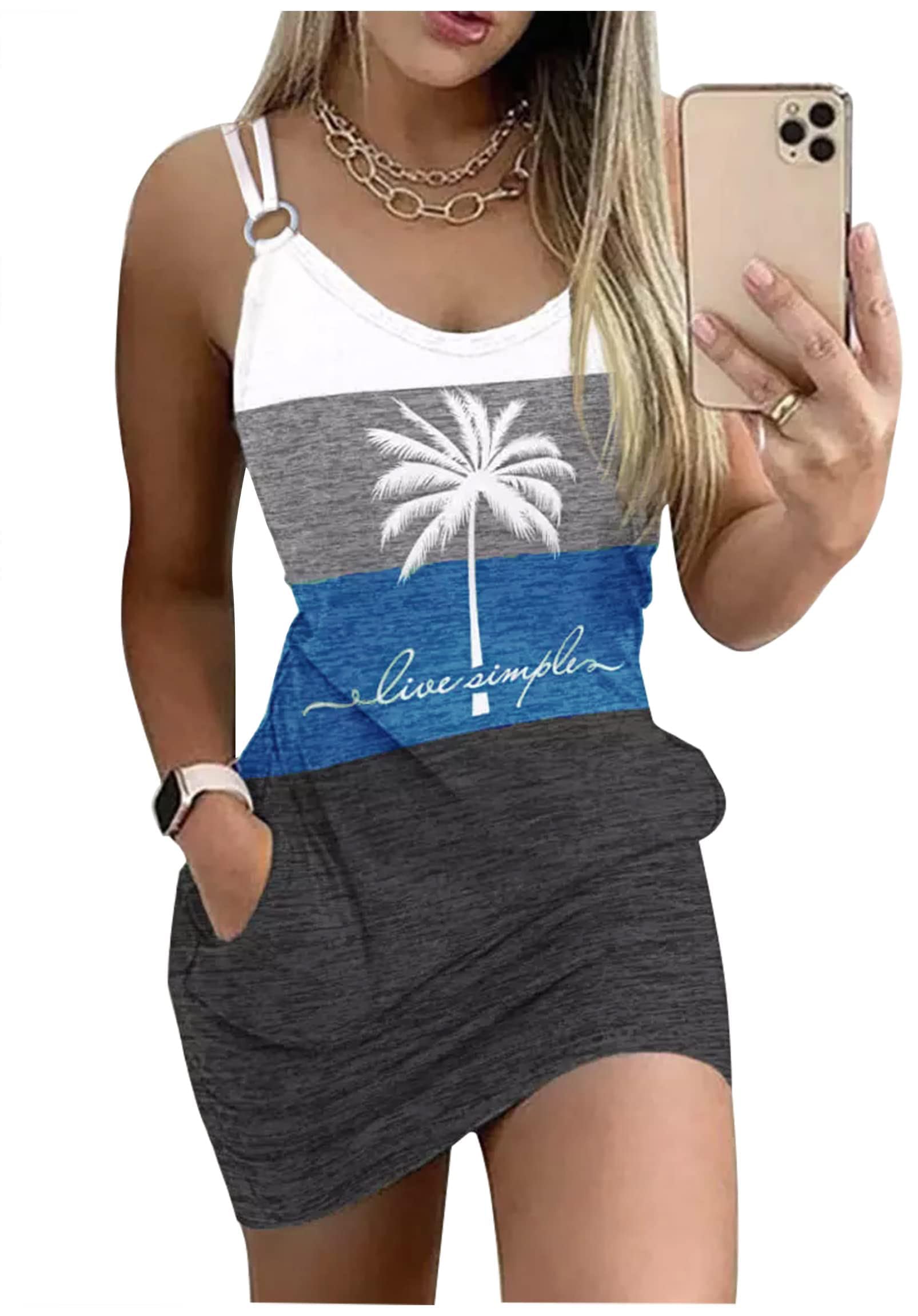 Live Simple Coconut Tree Color Block Pocket Mini Dress Women Summer Beach Sleeveless Strap Tshirt