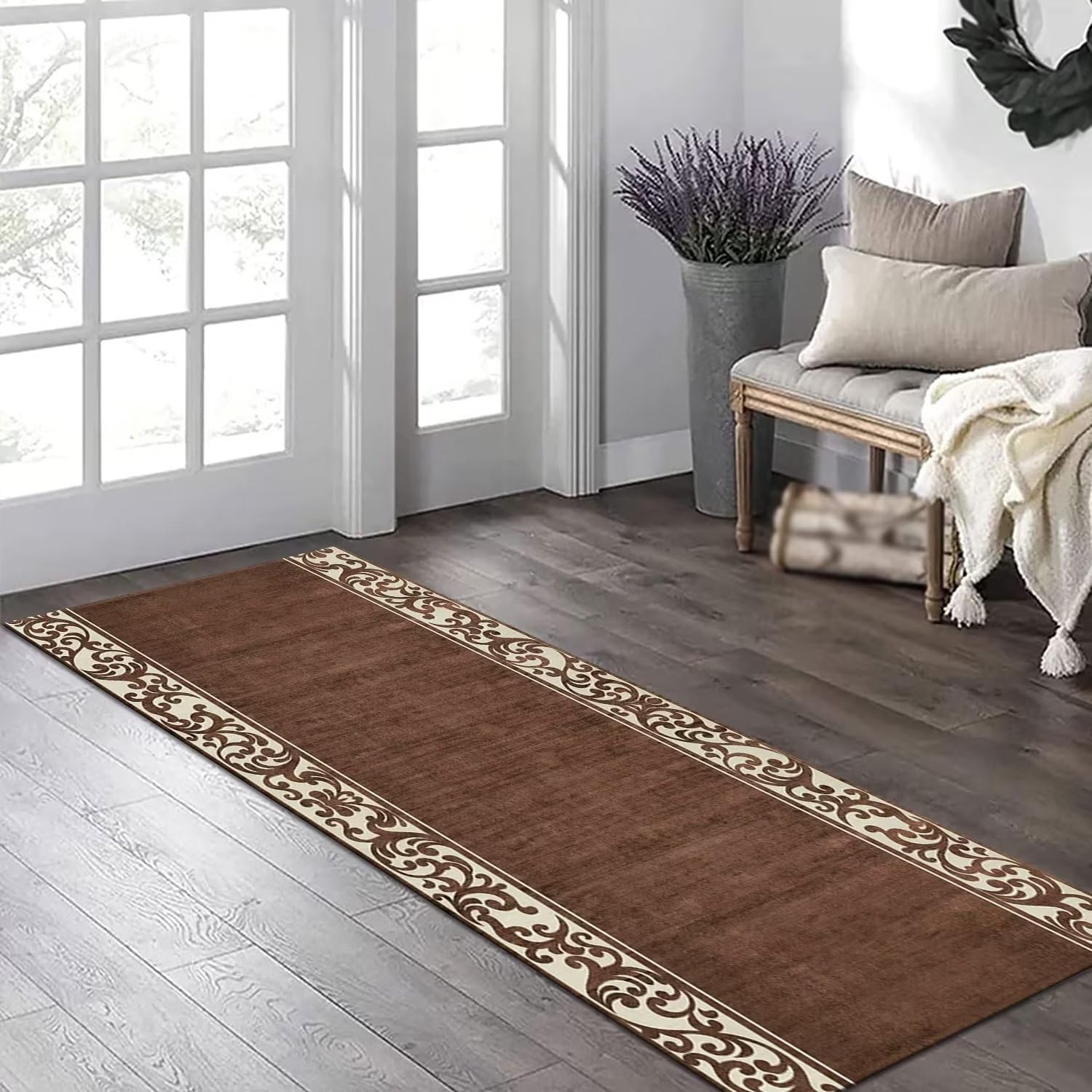 Teppich Läufer Flur rutschfest Küchenläufer Braun Apricot Korridor Teppichläufer Waschbar 90X400CM Modern Lang Flurläufer Teppichmatte Küche Schlafzimmer Kinderzimmer Wohnzimmer Meterware Fußmatten
