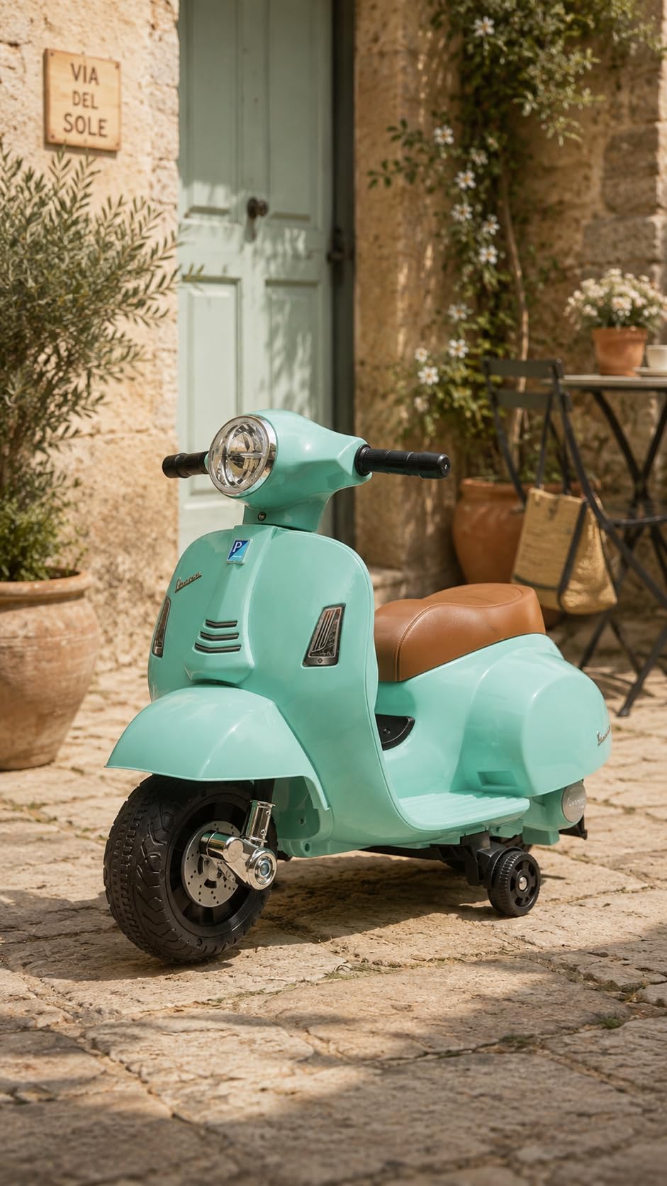 Turbo Challenge - Vespa GTS - Portador Eléctrico - 119151 - Scooter - Verde Agua - Listo para Rodar - Máximo 25Kg - Plástico - Baterías Recargables - A Partir de 24 Meses