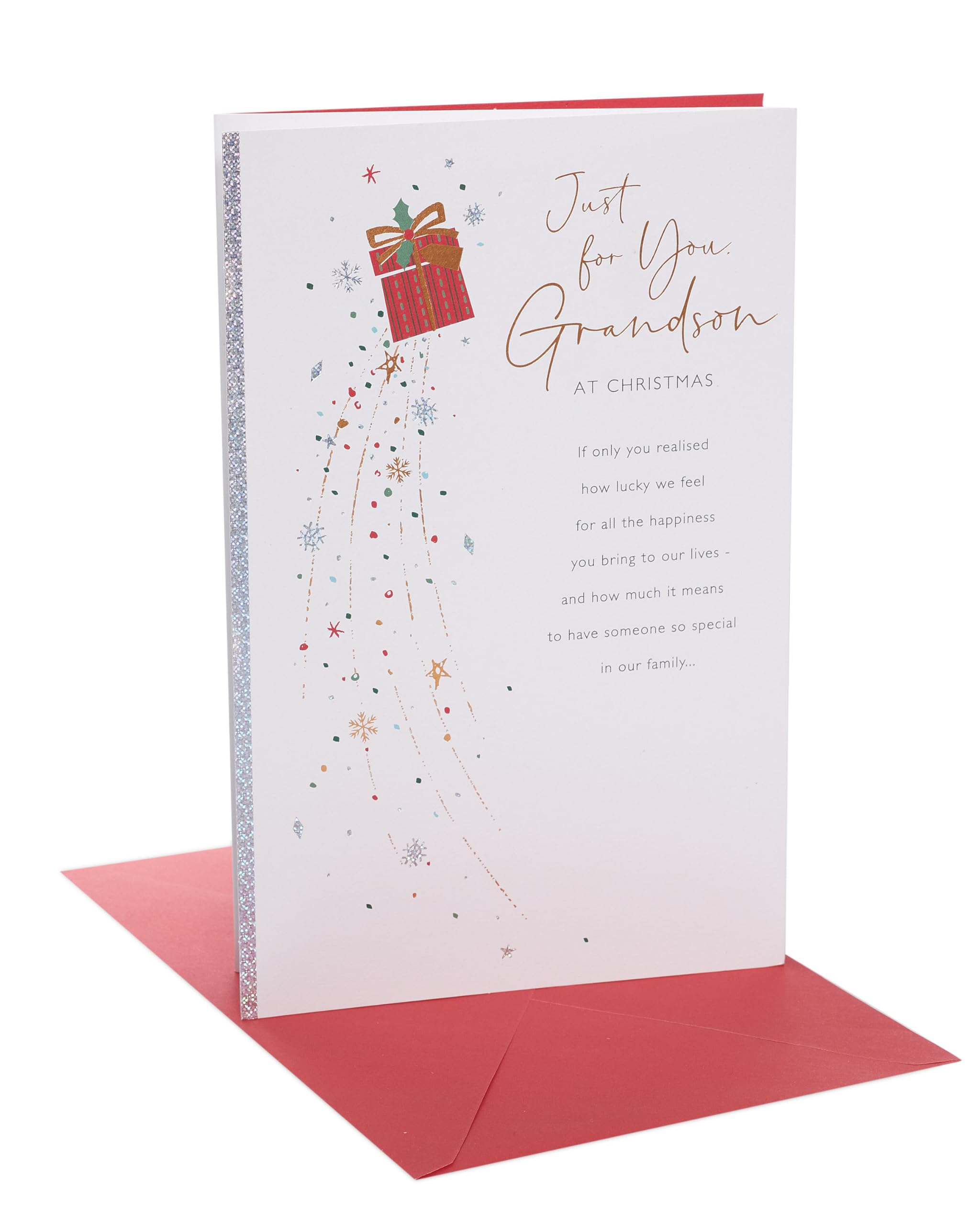 UK Greetings Christmas Card for Grandson - Snowflakes & Present Design