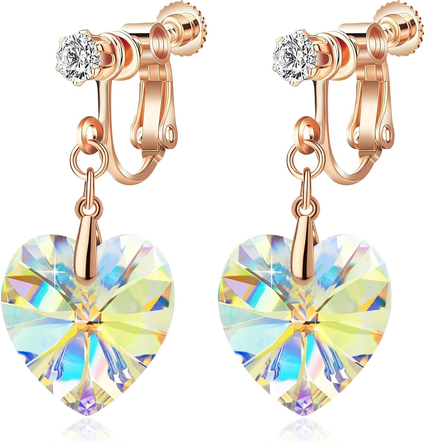 Austrian Crystal Heart Drop Clip On Dangle Earrings for Women Non Pierced 14K Rose Gold Plated Hypoallergenic Jewelry