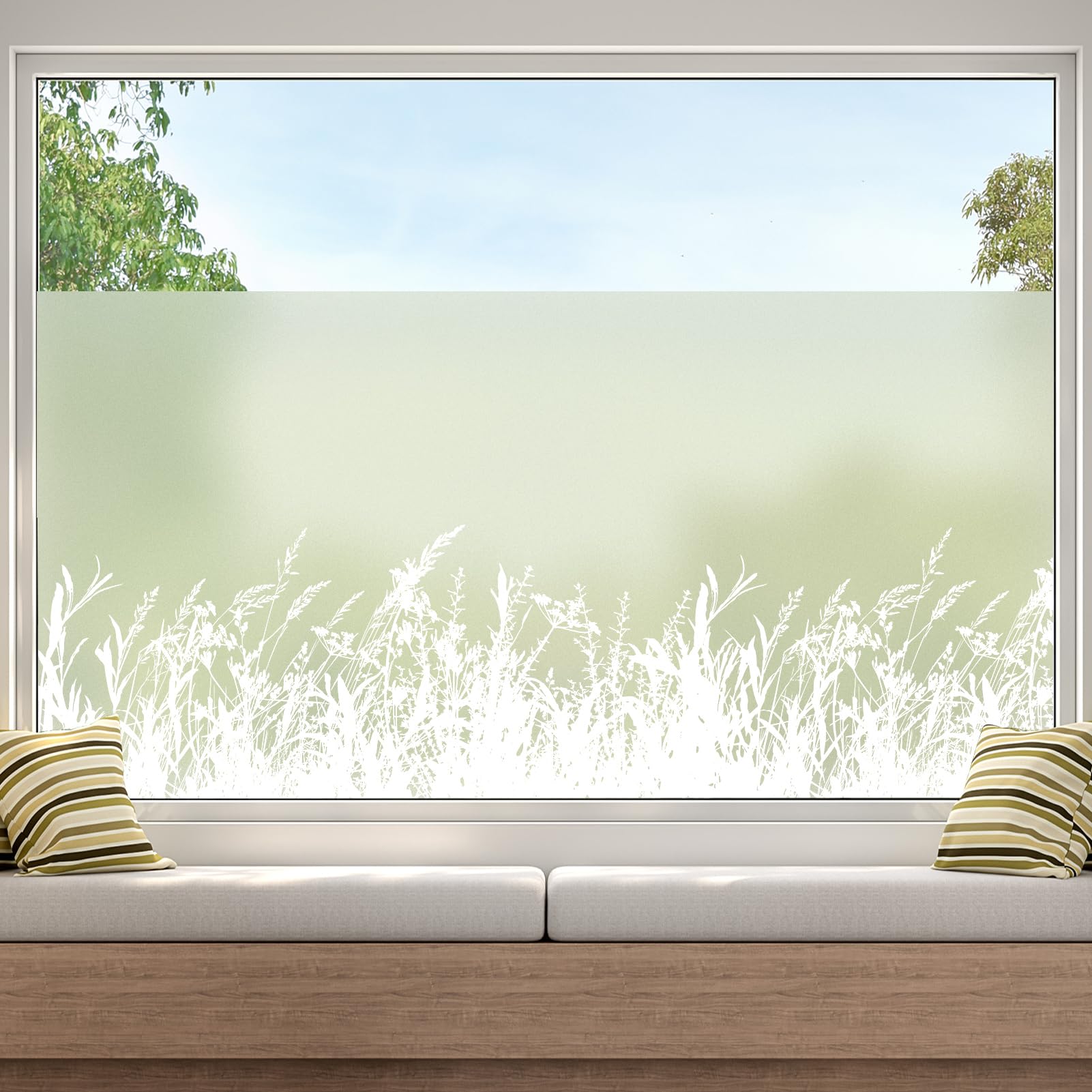 dktie Fensterfolie Blickdicht Sichtschutzfolie Fenster Milchglasfolie Pflanzen und Gras Statische Aufkleber ohne Klebstoff Wiederverwendbar Geeignet für Wohnzimmer, Schlafzimmer, Küche 90x200cm