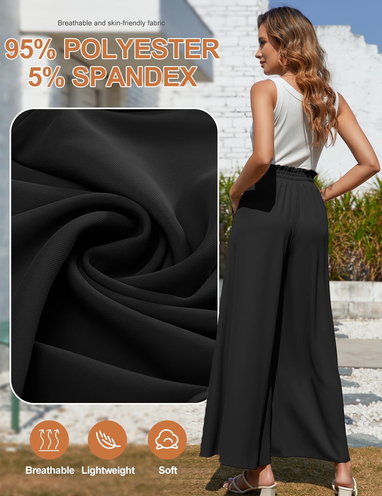CMTOP Pantalon Femme Elegant Fluide Eté Elastique Taille Haute Pantalons Décontracté Léger Pantalon à Jambes Larges Le Travail and Le Bureau avec Poches