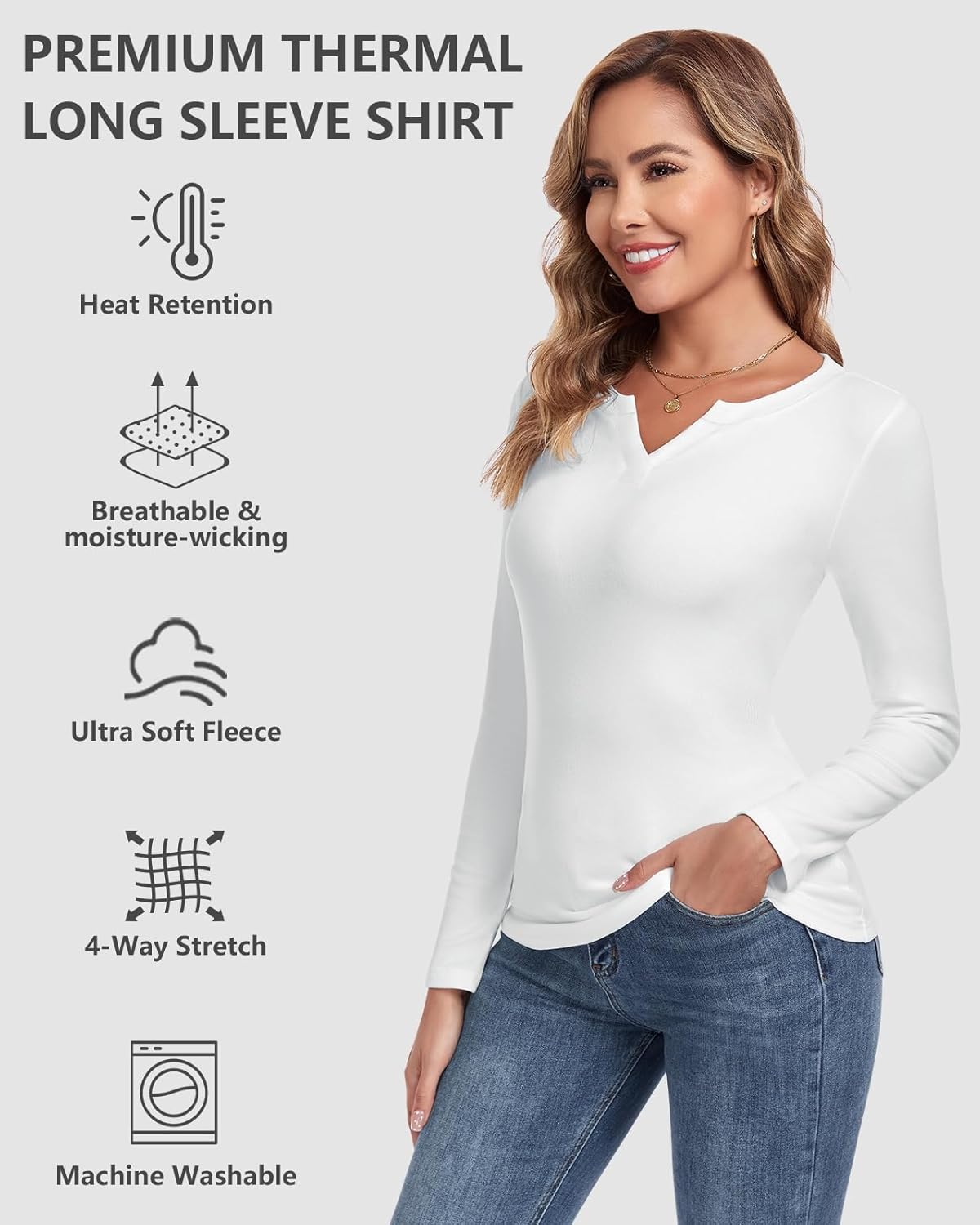 Thermal Long Sleeve Shirts for Women Fleece Top Thermal Notch V Neck Underwear Top Undershirt Winter Cold Weather White - Image 4