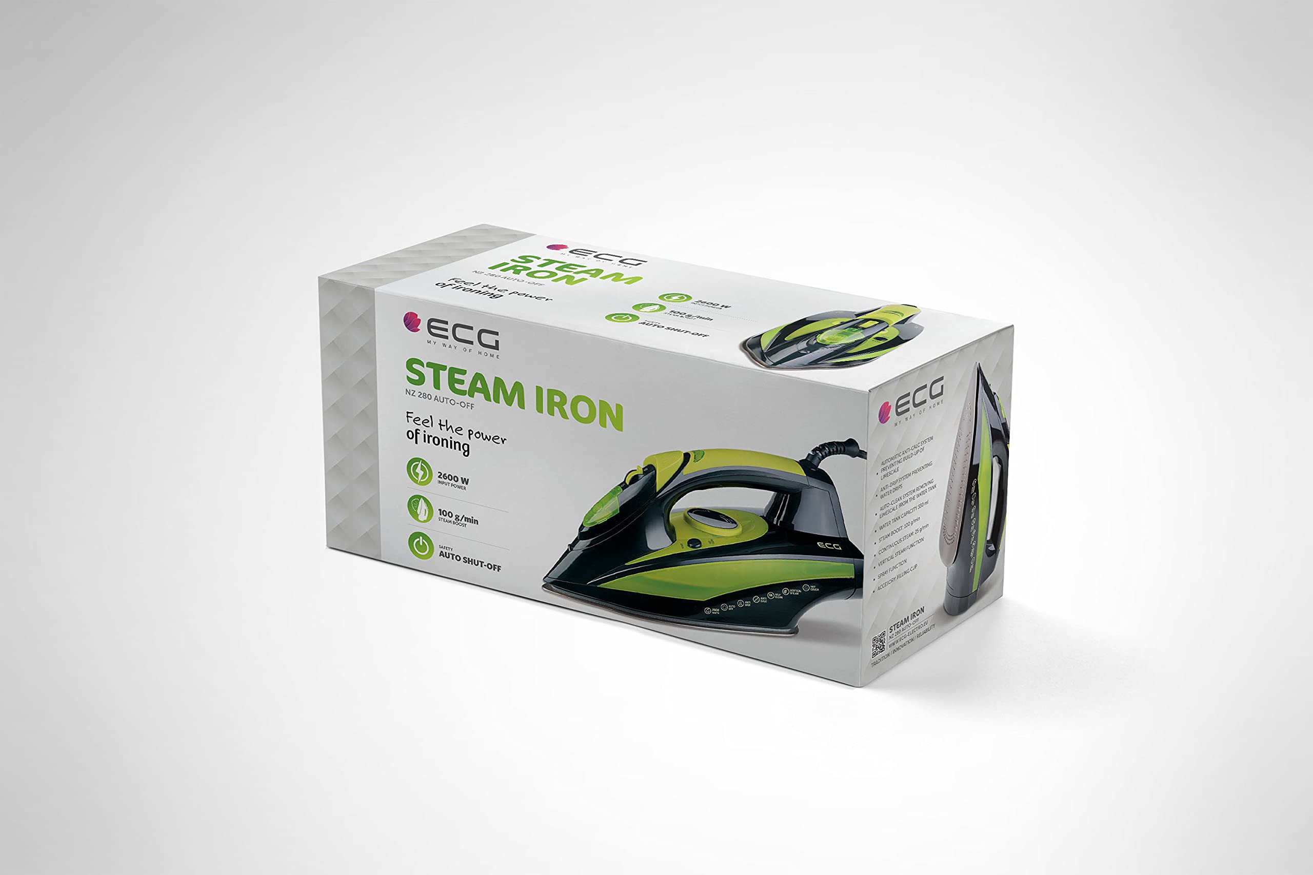 ECG NZ 280 - Ferro da stiro con spegnimento automatico, 2600 W, piastra anodizzata, vapore regolabile, getto di vapore verticale, capacità serbatoio: 330 ml