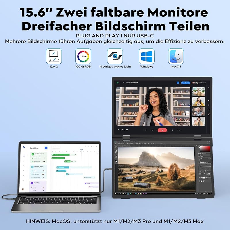 HONGO Hármas Hordozható Monitor 15.6" FHD IPS 360° Összehajtható Kijelző Dupla Hangszóróval - Laptop/PC/Mac/PS4/PS5 Kompatibilis Bővítőképer