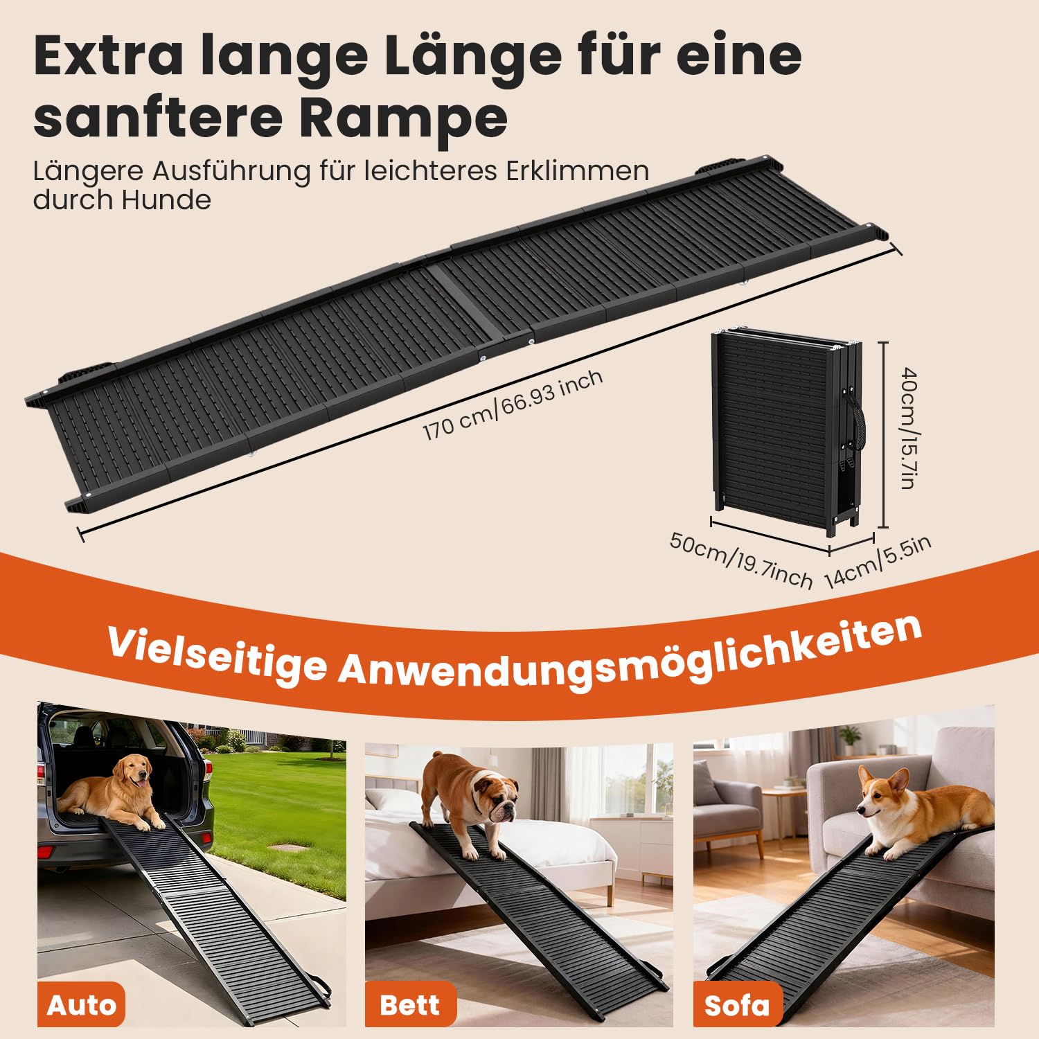 Hundeautorampe 170 x 41 cm,Extralange klappbare Hundetreppe mit Rutschfester Oberfläche, Schwerlast bis 220 lb, tragbare Haustierrampe für SUV, LKW, Bett & Sofa, für mittelgroße & große Hunde