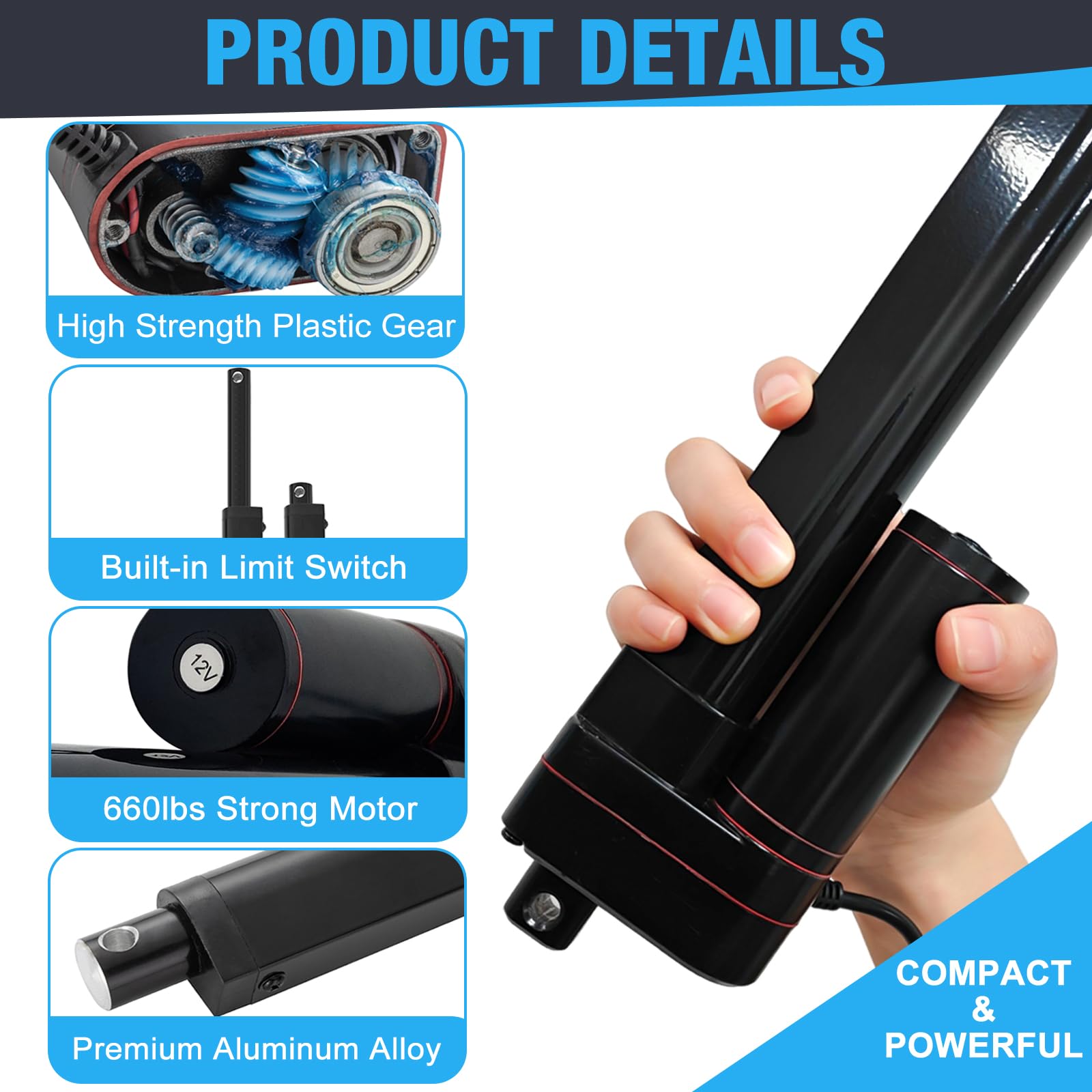 JQDML 24V Heavy Duty Linear Actuator 8 Inch Stroke 660 lbs IP65 Waterproof — Amazon image 5