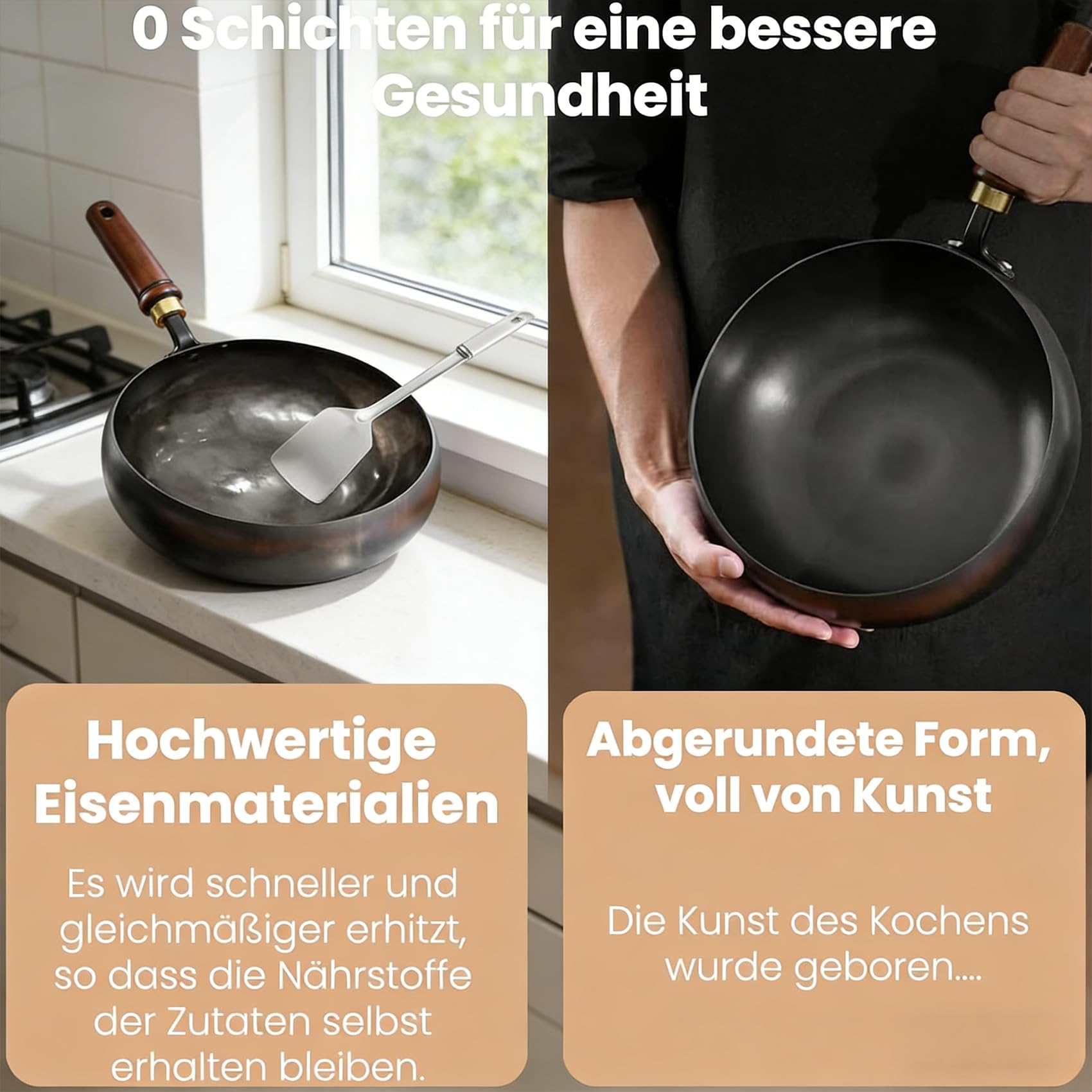 DZ'HUE Tsubame Sanjo Pfanne, Japanische Eisenpfanne, unbeschichtet, dickwandiger Eisentopf, schnell erhitzender Gusseisen-Wok, Holzgriff, geeignet für Gasherd und Induktionskochfeld (24cm)