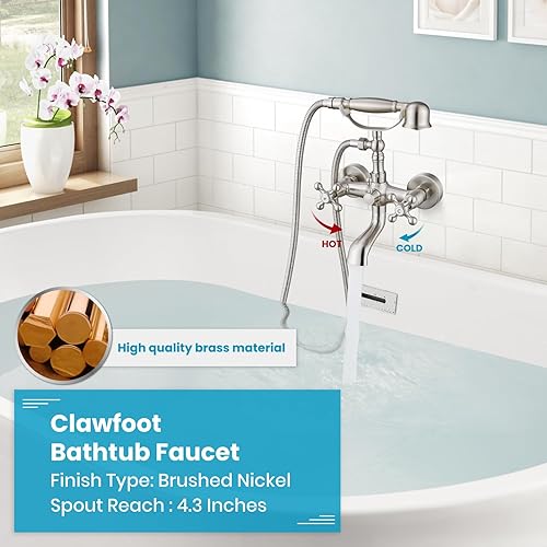 Miniatura 2 de gotonovo Grifo de bañera Clawfoot de montaje en pared con rociador de mano y boquilla giratoria de doble mango cruzado de 360, juego de grifos de