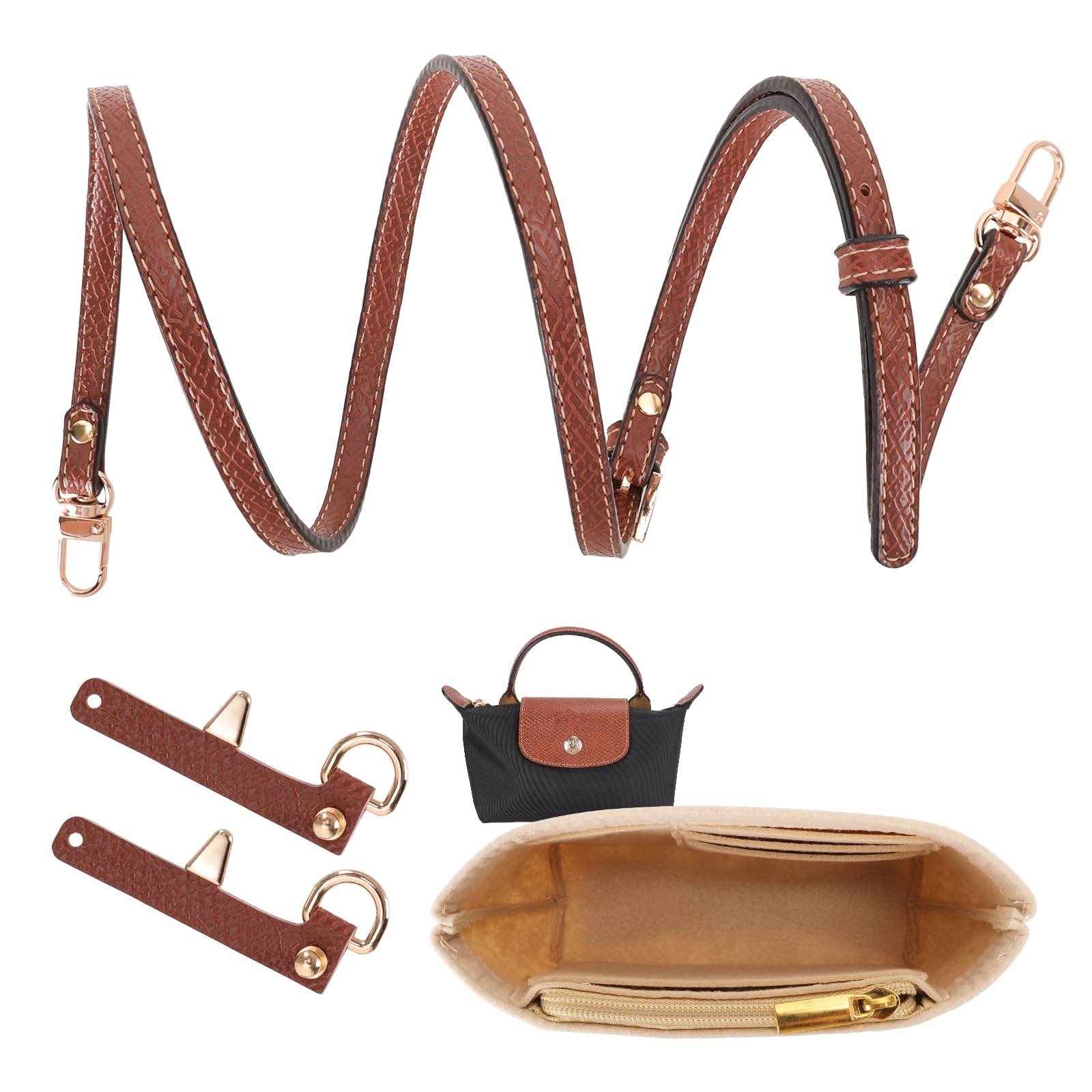 Mini Bag Strap and Organizer Insert Kit for Longchamp Mini Bag, Multi-Pocket Organizer Insert for Tote Bag, No-Punch Adjustable Buckle Leather Purse