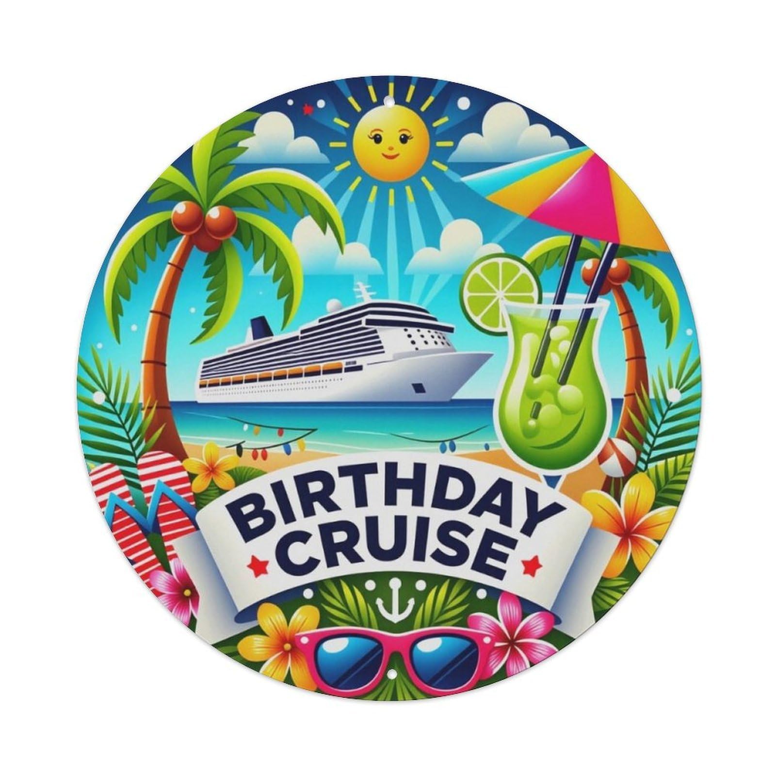 Tropical Beach Cruise Birthday Party Round Decor Sign Vintage Aluminium Metal Sign, Retro Wall Decor for Home, Bar, Garage & Farmhouse 20x20cm