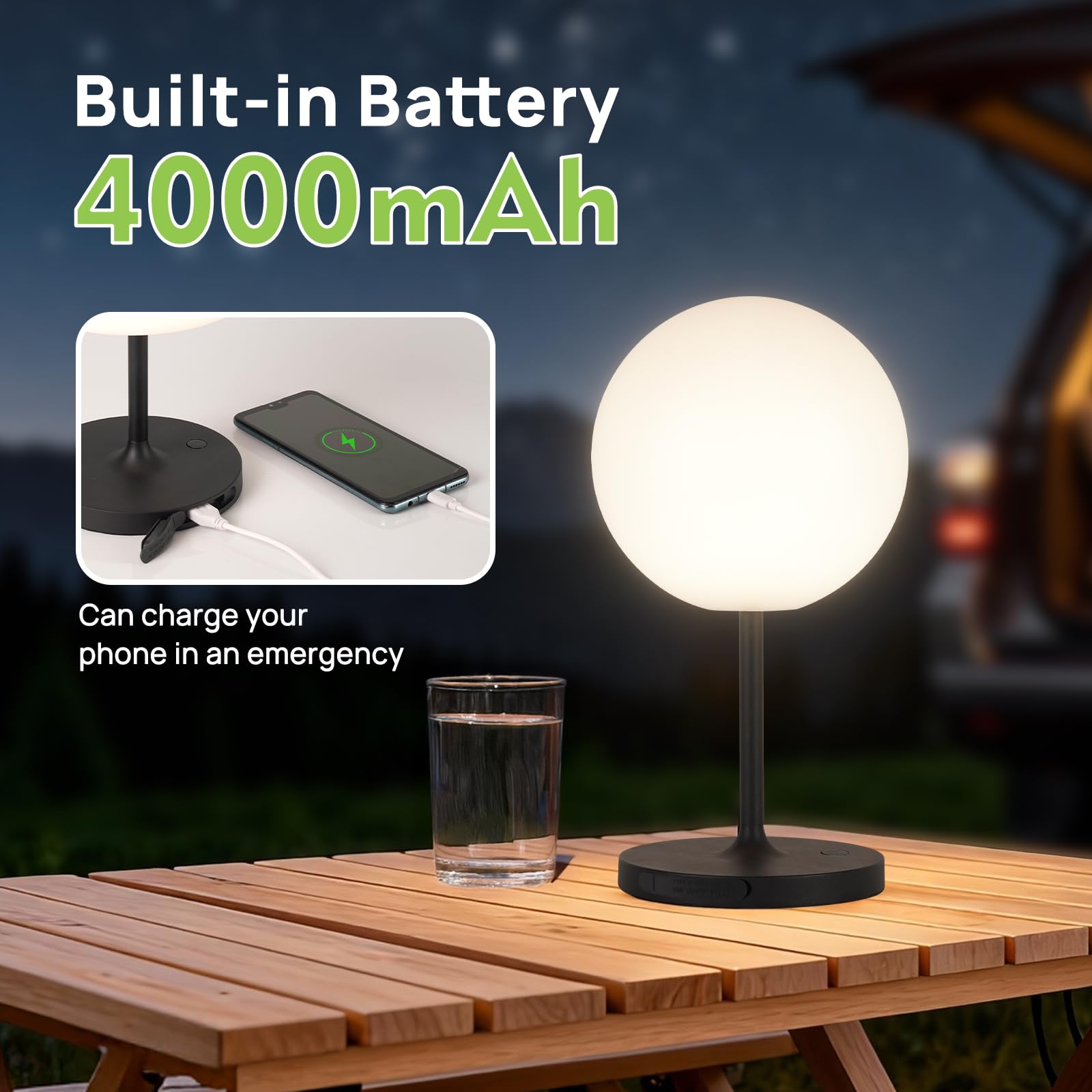 Tischlampe Kabellos，Dimmbar Nachttischlampe Touch，Akku Tischleuchte Kabellos，LED Tischlampe mit kugelförmigem Lampenschirm, geeignet für Schlafzimmer Wohnzimmer und Außenbereich – Schwarz