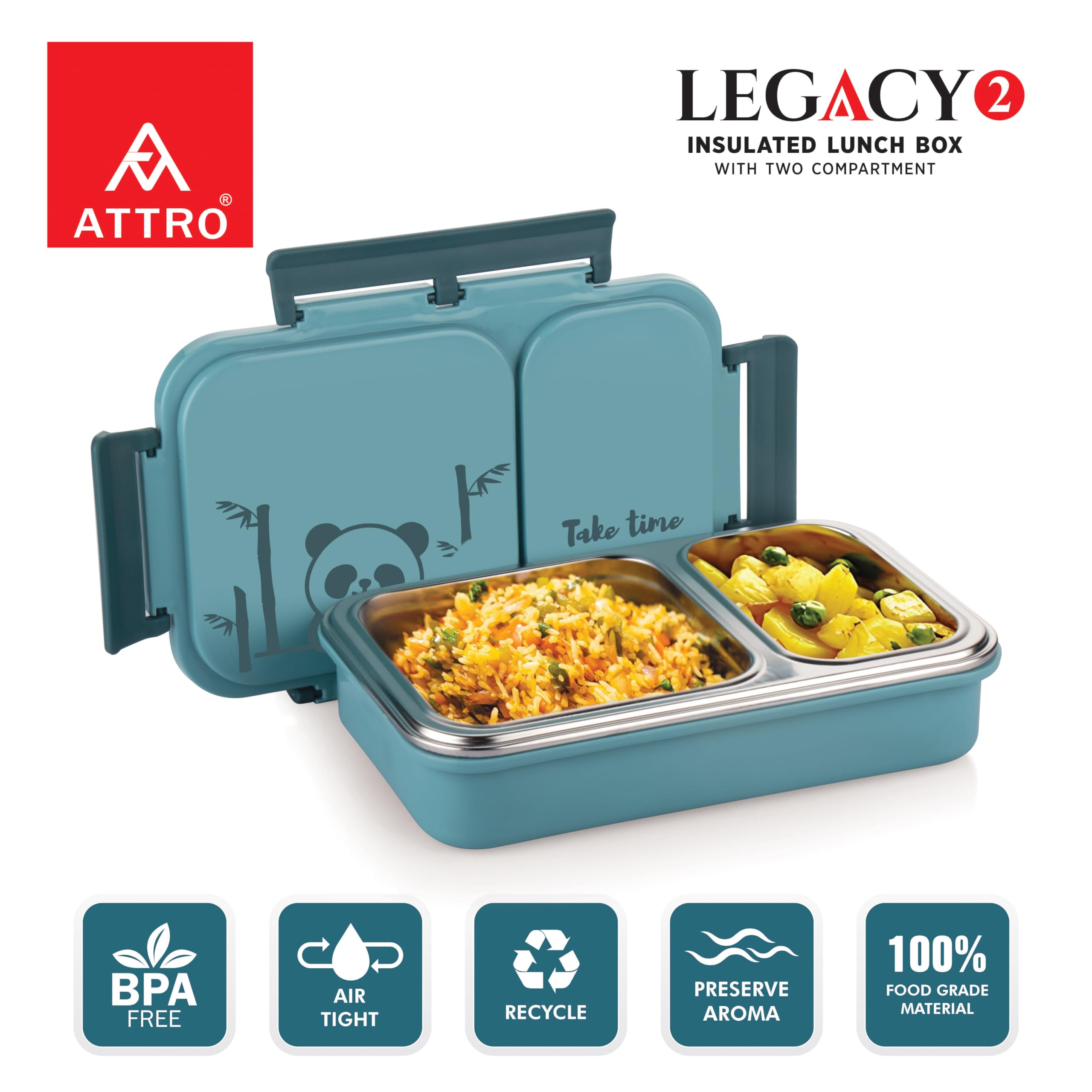 Attro Legacy 2 - Lonchera aislada con dos compartimentos sin BPA, de grado alimenticio, a prueba de fugas, ideal para la escuela, picnic, oficina y al aire libre, 600 ml, color azul